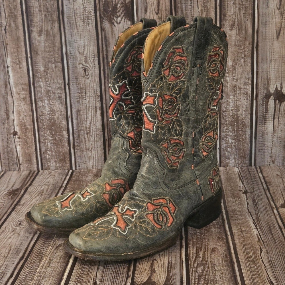 Sz 7 M Womens Corral R2361 Grey Pink Rose Cross Inlay Western Cowboy Boots VGUC